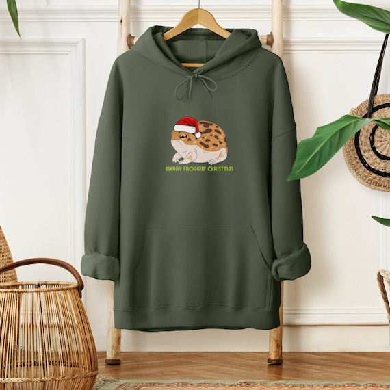 Merry Froggin Christmas Hoodie Desert Rain Frog Sweatshirt Woodland Holiday Pullover Frog In A Santa Hat Goblincore Frog Hooded Sweatshirt