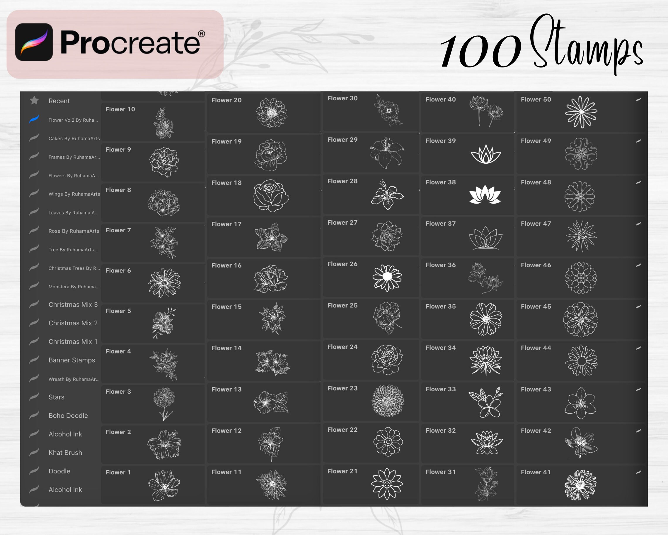 Procreate Flower Stamps | 100 Flower Botanical Procreate Stamps |flower ...
