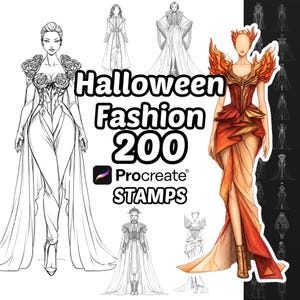 Pode incluir: Uma coleção digital de 200 carimbos Procreate Halloween Fashion com várias ilustrações de personagens em arte linear e a cores. O texto diz Halloween Fashion 200 Procreate STAMPS. Inclui designs de vestidos detalhados com motivos de rosas e chamas.