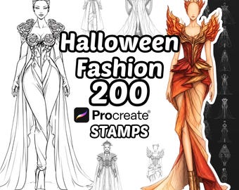 May include: A digital collection of 200 Halloween Fashion Procreate stamps featuring various character illustrations in line art and color. The text reads Halloween Fashion 200 Procreate STAMPS. Includes detailed gown designs with rose and flame motifs.