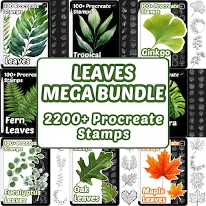 May include: A digital art bundle featuring over 2200 Procreate stamps of various leaf types. The collection includes stamps of leaves such as fern, eucalyptus, oak, and maple leaves. The image displays several digital art examples.