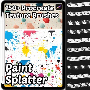 Może przedstawiać: Cyfrowy tablet wyświetla pędzle tekstury Procreate. Ekran pokazuje kolorowe plamy farby oraz tekst "150+ Procreate Texture Brushes" i "Paint Splatter". Rysik znajduje się po lewej stronie tabletu, a próbki pędzli po prawej.