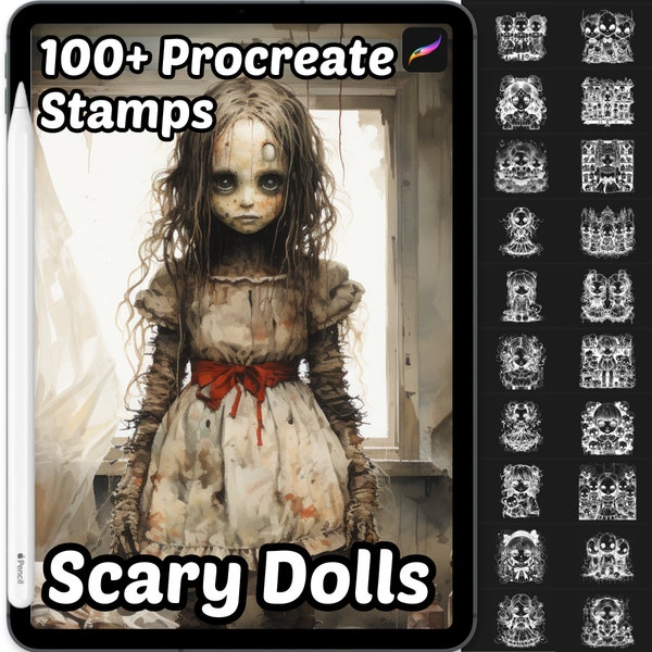 Scary Dolls Procreate Stamps | 100+ Procreate Halloween Brushes | Horror Dolls | Halloween Procreate stamps | Proreate Haunted Dolls