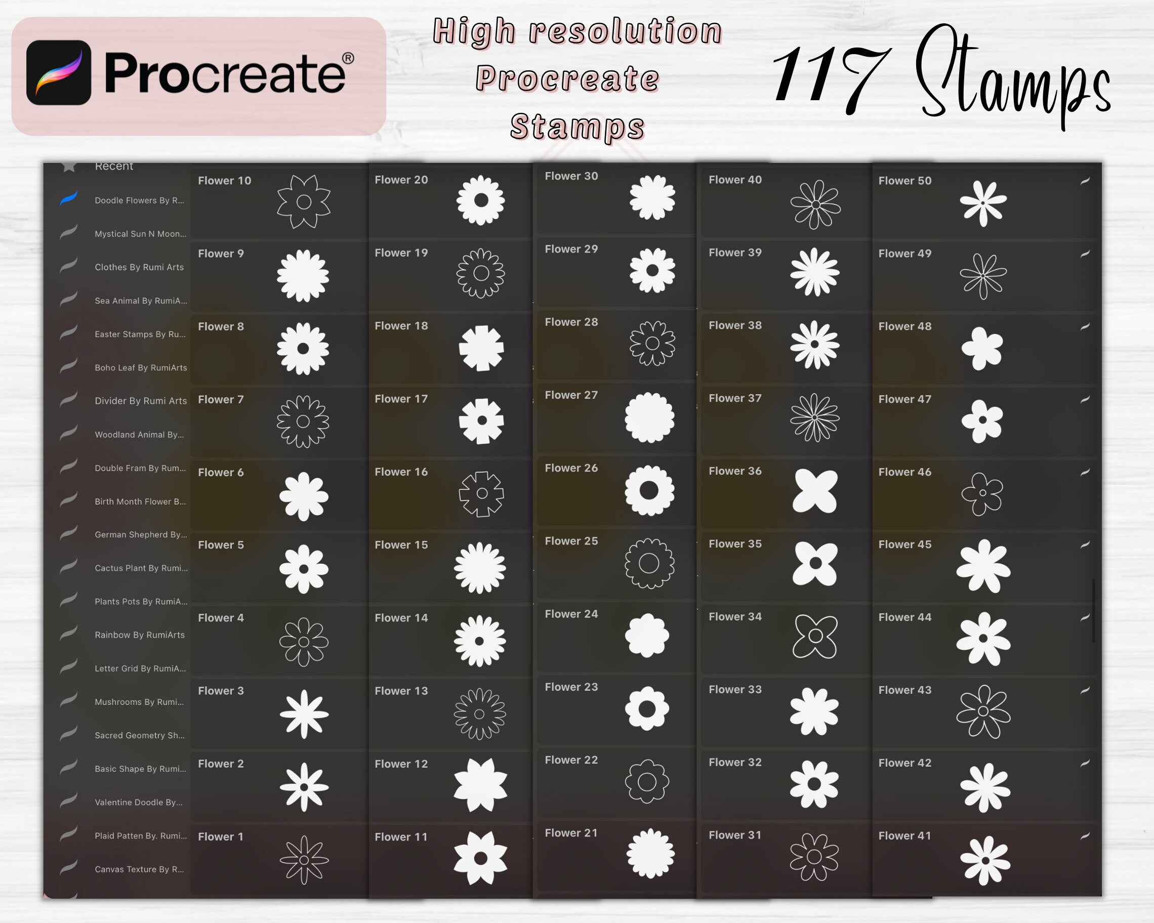 Doodle Flower Procreate Stamps | 117 Flower Procreate Brushes | Floral ...