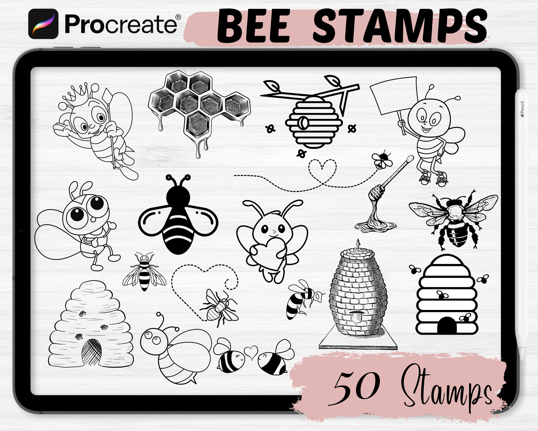 Bee Procreate Stamps | 50 Bee Procreate Stamps | Insects Procreate ...