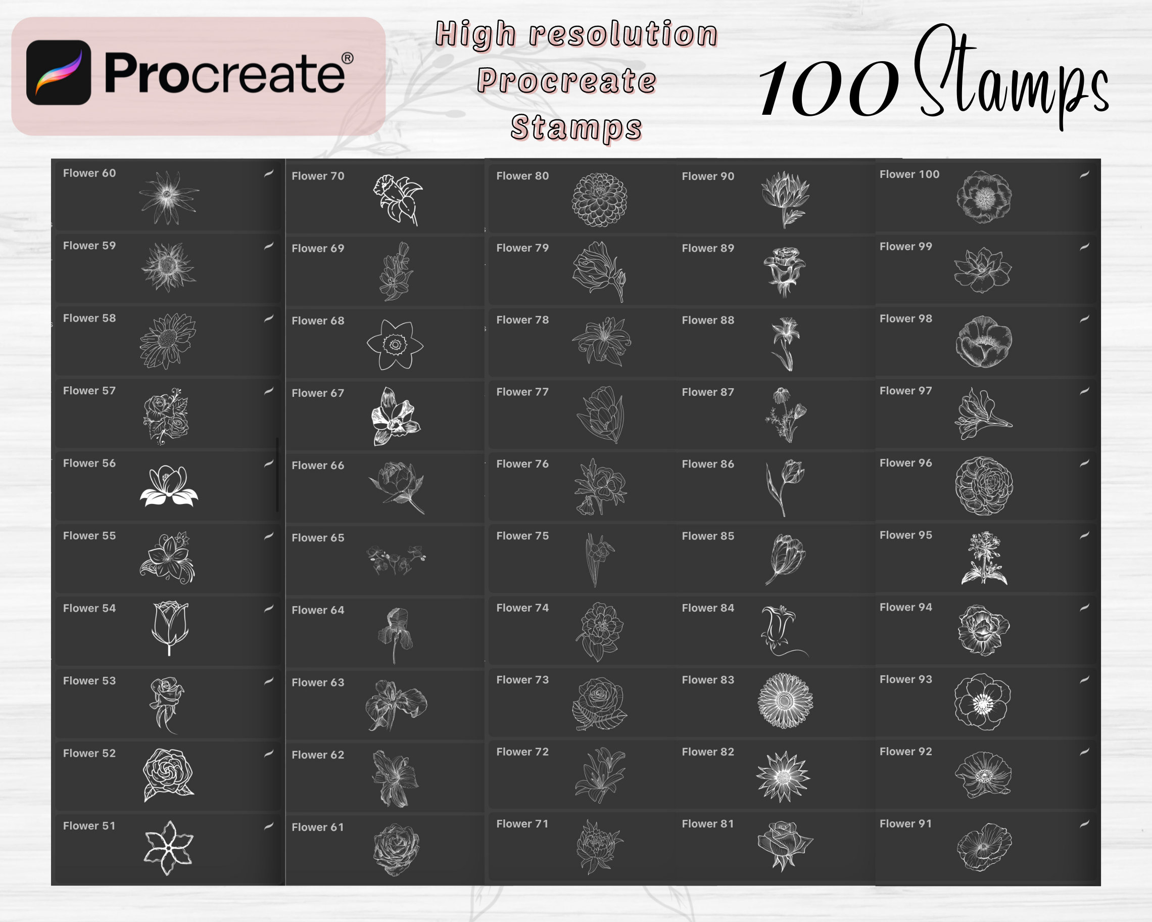 Procreate Flower Stamps | 100 Flower Botanical Procreate Stamps |flower ...