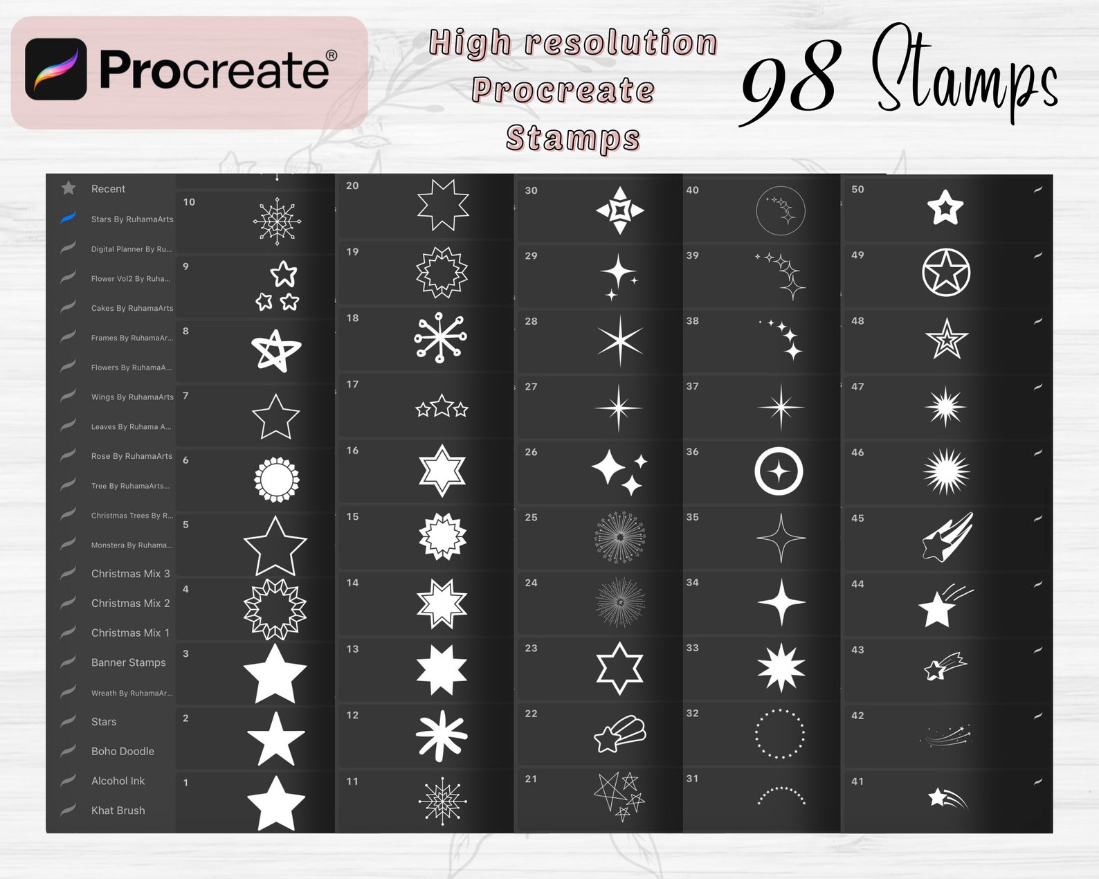 Stars and Sparkle Procreate Stamps | 98 Stars Procreate Brush Set ...