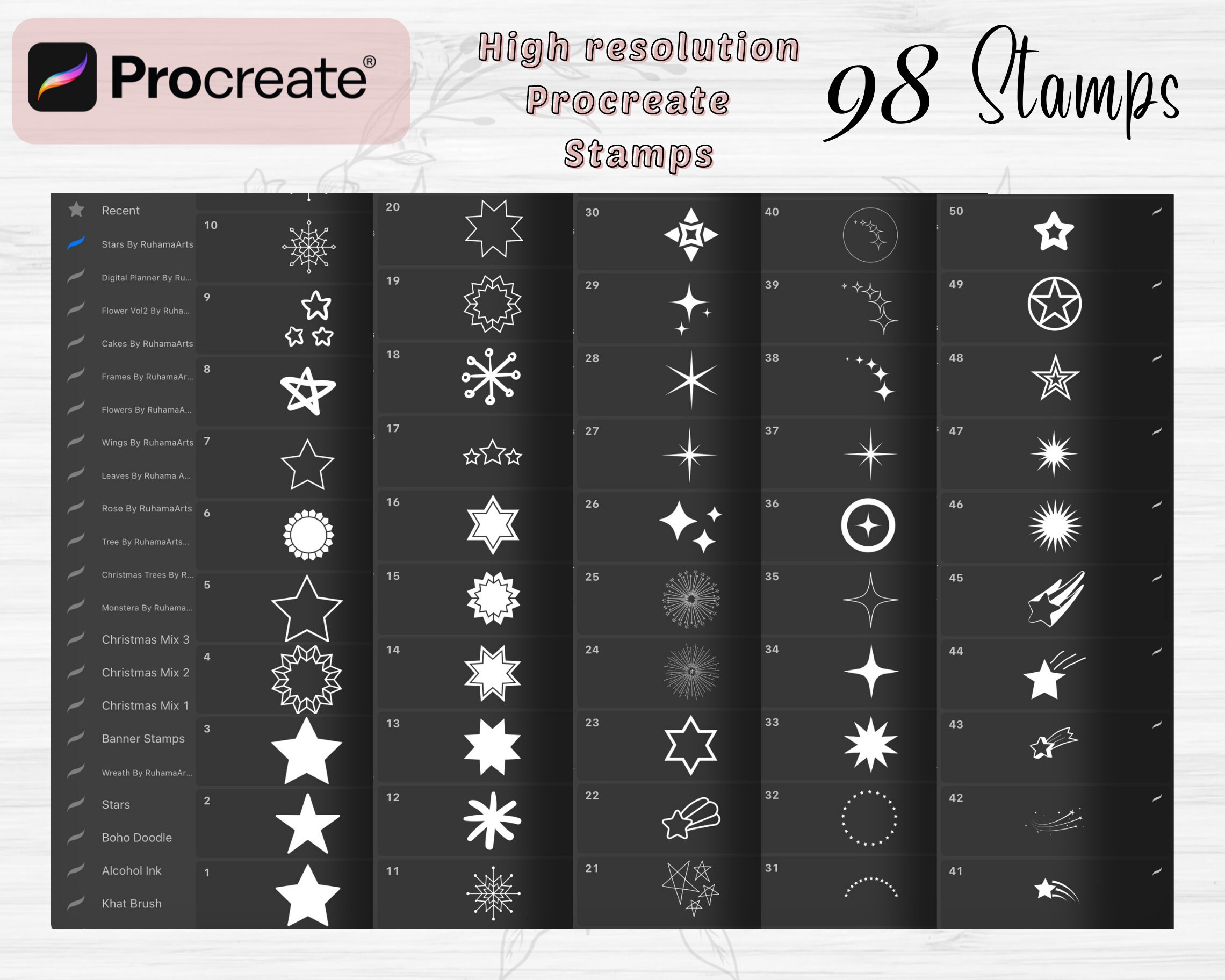 Stars and Sparkle Procreate Stamps | 98 Stars Procreate Brush Set ...