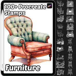 May include: A digital illustration of a brown and green armchair with a tufted back and a wooden frame. The armchair is on a white background. The image is part of a set of 100+ Procreate stamps featuring furniture.