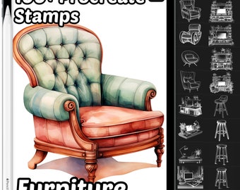 May include: A digital illustration of a brown and green armchair with a tufted back and a wooden frame. The armchair is on a white background. The image is part of a set of 100+ Procreate stamps featuring furniture.