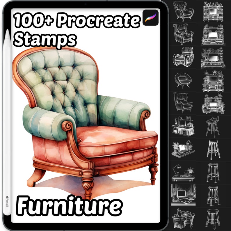 Furniture Procreate Stamps | 100+ Procreate Furniture Stamps | Chairs ...