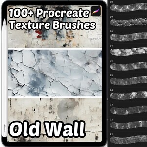 May include: A digital illustration of a tablet screen showing a collection of 100+ Procreate texture brushes for creating old wall effects. The image shows a preview of the brushes, with a variety of cracked and weathered textures. The text "100+ Procreate Texture Brushes" and "Old Wall" is displayed on the screen.