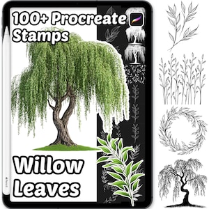 Puede incluir: Sellos digitales para Procreate con un sauce llorón y varios diseños de hojas. La imagen muestra el texto "100+ Procreate Stamps" y "Willow Leaves" en la pantalla de una tableta, con un lápiz y otras ilustraciones.