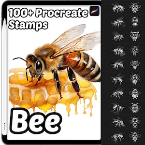 Puede incluir: Una ilustración digital de una abeja en un panal con un efecto acuarela. La imagen es parte de un conjunto de más de 100 sellos de Procreate. El texto "Bee" está escrito debajo de la imagen.