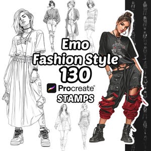 May include: A digital collection of 130 Emo Fashion Style Procreate stamps featuring various line art illustrations of figures in diverse outfits, including a central colored character in a black graphic t-shirt and red cargo pants.