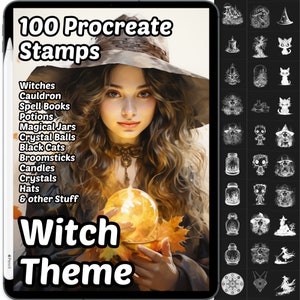 Sellos de brujas para Procreate / Más de 100 sellos de Halloween para Procreate / Brujas y objetos de brujas / Pinceles de brujas kawaii para Procreate / Halloween para Procreate