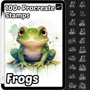 May include: A digital illustration of a green frog with large eyes. The frog is sitting on a green leaf with water droplets. The image is part of a set of 100+ Procreate stamps featuring frogs.