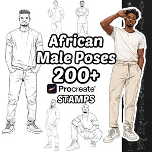 Könnte beinhalten: Eine digitale Sammlung von über 200 Posen afrikanischer Männer als Procreate-Stempel. Das Bild zeigt verschiedene Strichzeichnungen von Männern in Freizeitkleidung, darunter T-Shirts, Kapuzenpullover und Hosen, sowie eine farbige Charakterillustration.