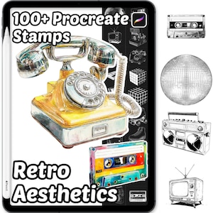 May include: Digital art set featuring a yellow vintage telephone, a colorful cassette tape, and other retro-themed illustrations. The text reads "100+ Procreate Stamps" and "Retro Aesthetics."