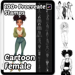Könnte beinhalten: Digitale Illustration auf einem Tablet mit einer Cartoon-Figur in grünen Jeans und einer grünen Strickjacke. Der Text lautet "100+ Procreate Stamps" und "Cartoon Female". Zusätzliche Skizzen von weiblichen Figuren sind ebenfalls abgebildet.