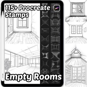 May include: A digital art set displayed on a tablet, featuring architectural sketches of empty rooms. The text reads "115+ Procreate Stamps" and "Empty Rooms". A stylus is visible on the left side of the tablet.