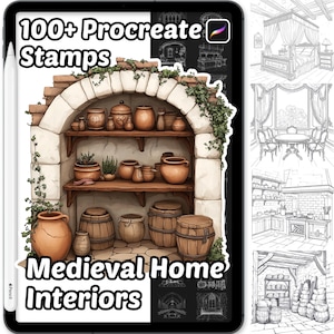 Medieval Home Interior Procreate Stamps | 100+ Procreate Home Interior Stamps | Medieval Houses Interiors | Background | Medieval Scene
