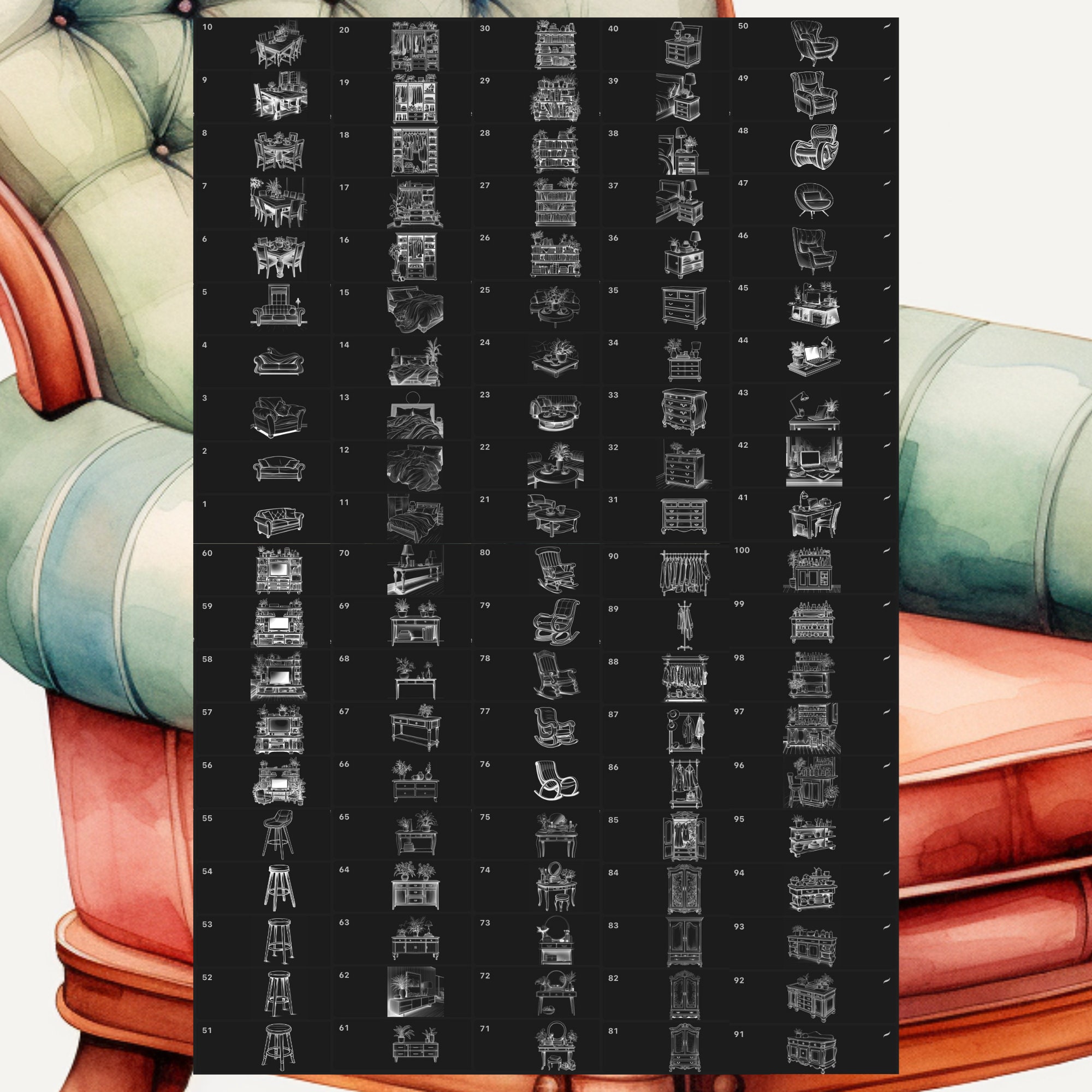 Furniture Procreate Stamps | 100+ Procreate Furniture Stamps | Chairs ...