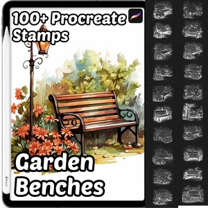 Può includere: 100+ Timbri Procreate: Panchine da giardino. Un'illustrazione digitale di una panchina da parco in un ambiente da giardino con un lampione e fiori. L'immagine è accompagnata da una griglia di 20 illustrazioni in bianco e nero di varie panchine da parco.