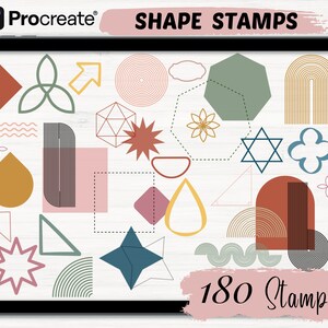 Puede incluir: Una pantalla de tableta digital que muestra 180 sellos de formas geométricas en varios colores, incluidos rojo, verde, azul, amarillo y marrón. Los sellos están dispuestos en un patrón de cuadrícula sobre un fondo blanco. El texto "SHAPE STAMPS" se muestra en la parte superior de la pantalla, y el texto "180 Stamps" se muestra en la parte inferior de la pantalla.
