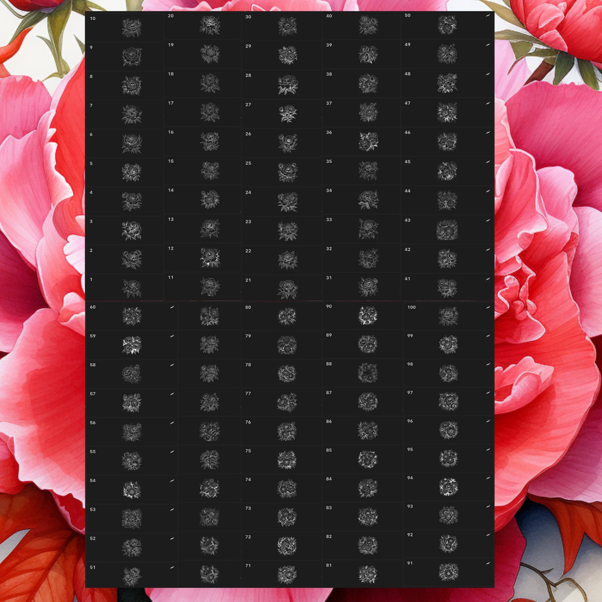 Peony Flower Procreate Stamps | 100 Procreate Floral Stamps | Procreate ...