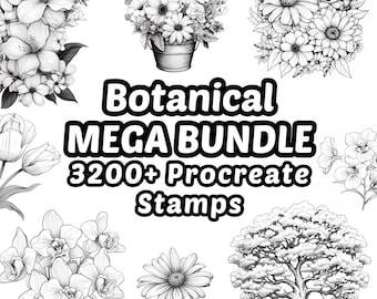 May include: Black and white line art illustrations of various botanical elements, including flowers, leaves, and a tree. The text "Botanical MEGA BUNDLE 3200+ Procreate Stamps" is displayed in the center of the image.