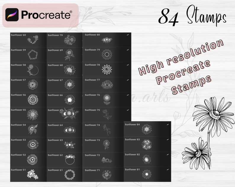 Sunflower Procreate Stamps | 84 Sunflower Procreate Brushes | Floral ...
