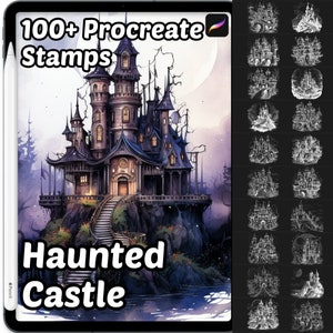 May include: 100+ Procreate Stamps Haunted Castle. A digital illustration of a spooky, dark gray castle with a moon in the background. The castle is on a cliff with a staircase leading up to the front door. The image is surrounded by a white border and the text "100+ Procreate Stamps Haunted Castle" is at the top. The image is divided into two sections, with the castle on the left and a grid of 20 black and white stamps on the right.