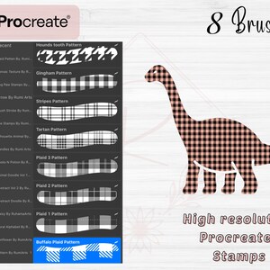 Peut inclure: Un ensemble de 8 tampons Procreate pr&eacute;sentant diff&eacute;rents motifs &agrave; carreaux. Les motifs comprennent les dents de chien, le vichy, les rayures, le tartan, le carreau 1, le carreau 2, le carreau 3 et le carreau buffalo. Les tampons sont repr&eacute;sent&eacute;s sur une silhouette de dinosaure rose et noire.