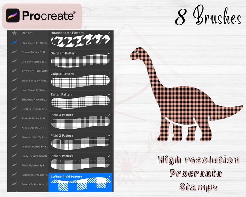 Peut inclure: Un ensemble de 8 tampons Procreate pr&eacute;sentant diff&eacute;rents motifs &agrave; carreaux. Les motifs comprennent les dents de chien, le vichy, les rayures, le tartan, le carreau 1, le carreau 2, le carreau 3 et le carreau buffalo. Les tampons sont repr&eacute;sent&eacute;s sur une silhouette de dinosaure rose et noire.