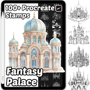 May include: A digital art set displayed on a tablet, featuring a watercolor fantasy palace and numerous castle stamps. The text reads "100+ Procreate Stamps" and "Fantasy Palace". The palace has a blue dome and ornate details.