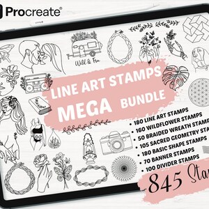 Procreate Line Art Stamps | 845 Procreate Mega Bundle Stamps | Wildflower Procreate Brushes | Wreath Stamps  | Procreate Shape Stamps set