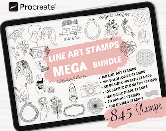 May include: A digital art bundle displayed on a tablet screen. The image features various line art stamps, including floral designs, geometric shapes, and illustrations. Text on the screen reads "LINE ART STAMPS MEGA BUNDLE" and lists the number of stamps included.
