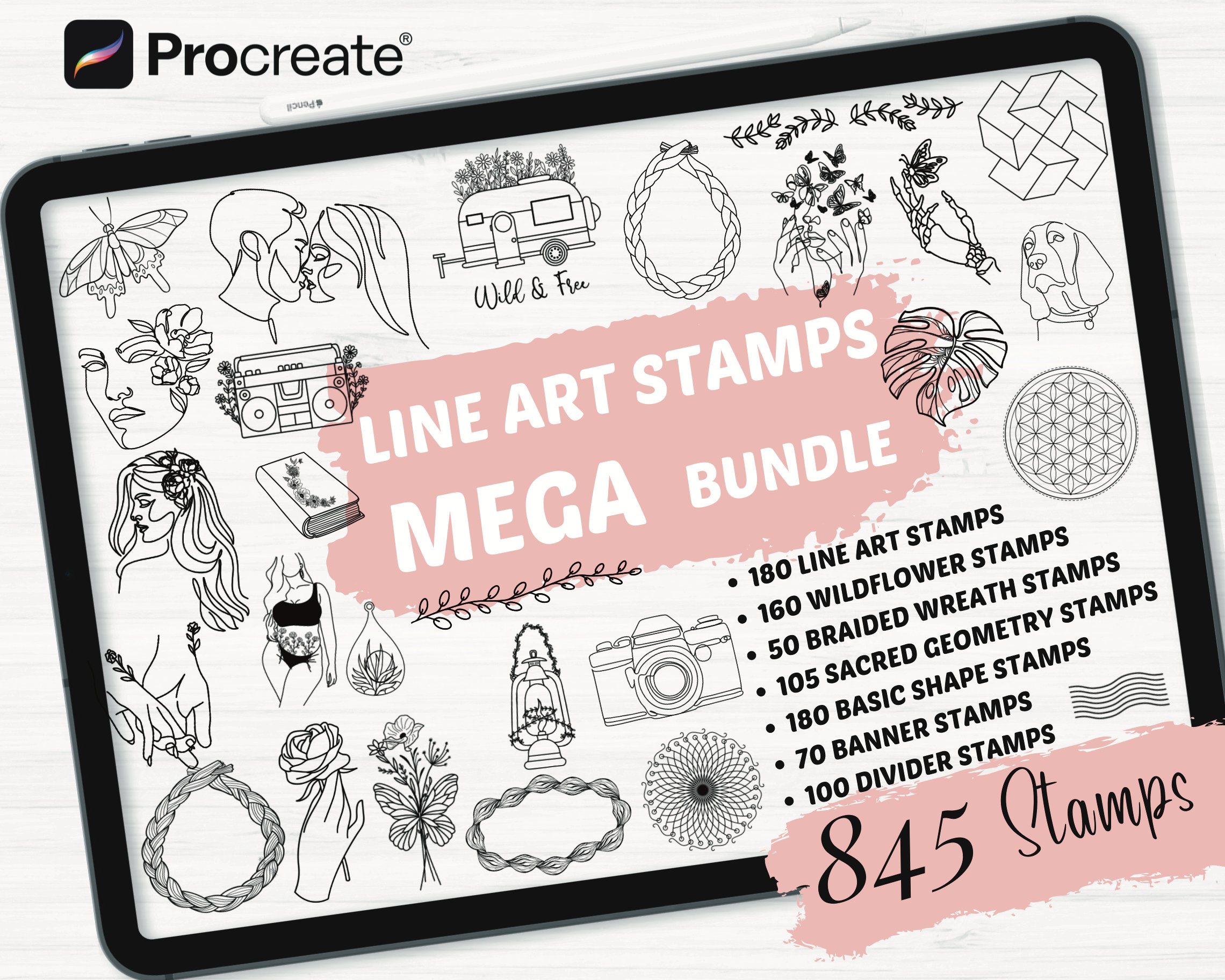 Procreate Line Art Stamps | 845 Procreate Mega Bundle Stamps ...