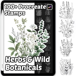 以下が含まれることがあります： デジタルタブレットには、「100+ Procreate Stamps」と「Herbs & Wild Botanicals」というテキストが表示されたProcreateスタンプセットが表示されています。画像には、ハーブの水彩イラストと、白黒の植物の線画が描かれています。