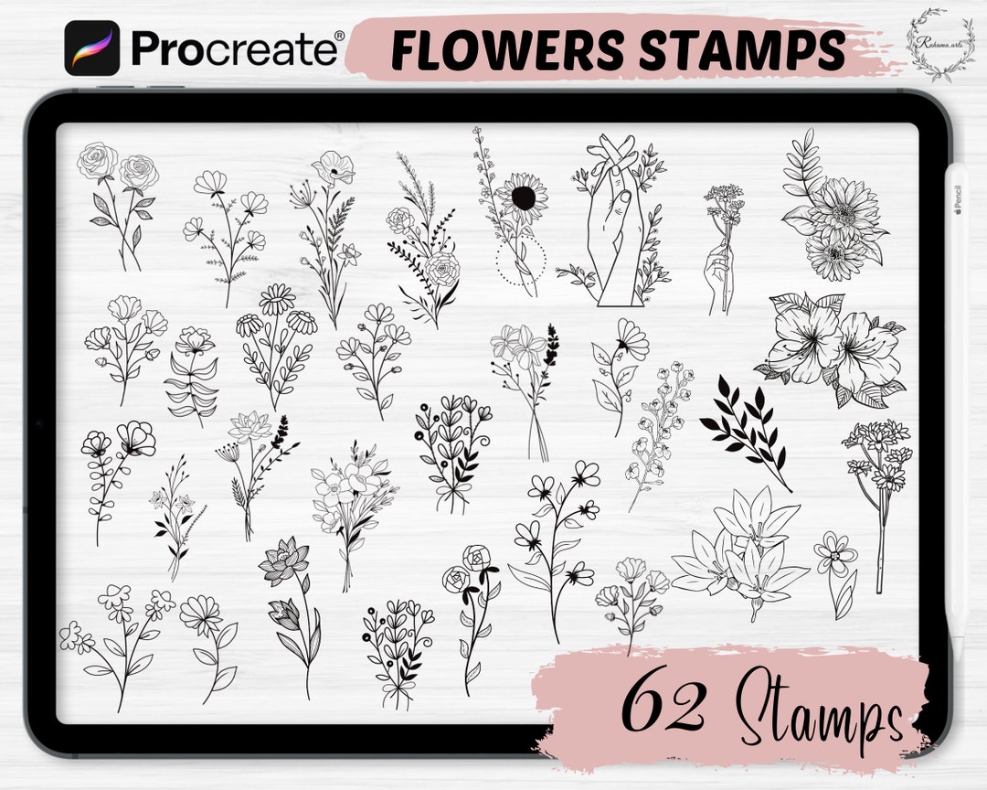 Procreate Flowers Stamps | 62 Flower Procreate Stamps | Flower Stamps ...