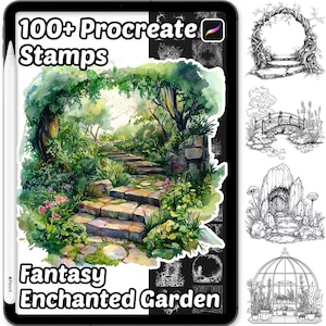 May include: A digital art set displayed on a tablet, featuring "100+ Procreate Stamps" and "Fantasy Enchanted Garden" text. The main image is a watercolor illustration of a stone path in a lush garden. Additional black and white line art garden elements are also shown.