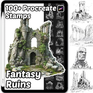 May include: A digital art set displayed on a tablet, featuring fantasy ruins stamps for Procreate. The image shows a detailed illustration of a crumbling castle with the text "100+ Procreate Stamps" and "Fantasy Ruins". Additional black and white sketches are also visible.