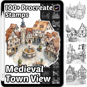 May include: A digital art set displayed on a tablet, featuring watercolor illustrations of a medieval town view and over 100 Procreate stamps. The image includes a pencil and examples of the stamps.
