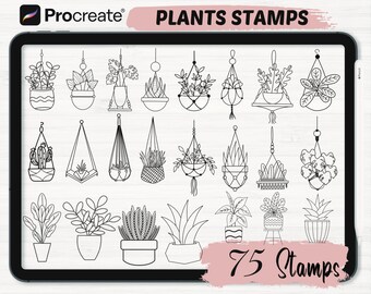 May include: A digital illustration of 75 black and white plant stamps for use in the Procreate app. The stamps feature various types of plants in pots and hanging planters.