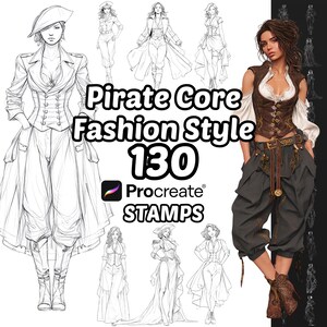 May include: A digital collection of 130 Pirate Core Fashion Style Procreate stamps featuring various line art illustrations of characters in pirate-inspired outfits, alongside a full-color rendered example of a character in a vest and trousers.