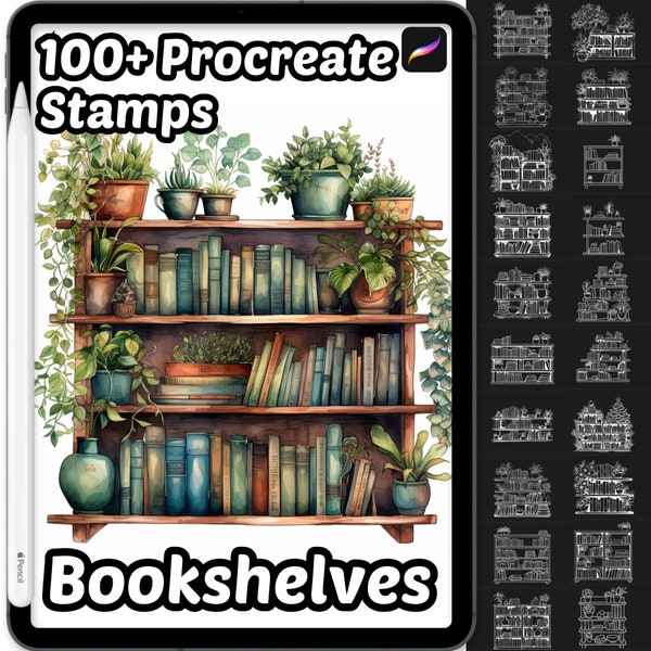 Furniture Procreate Stamps | 100+ Procreate Bookshelves Stamps | Library Procreate Stamps | Hold Items Procreate Brushes | Books Procreate