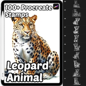 May include: A digital illustration of a leopard, with a watercolor style, sitting on a white background. The image is part of a set of 100+ Procreate stamps, titled "Leopard Animal".