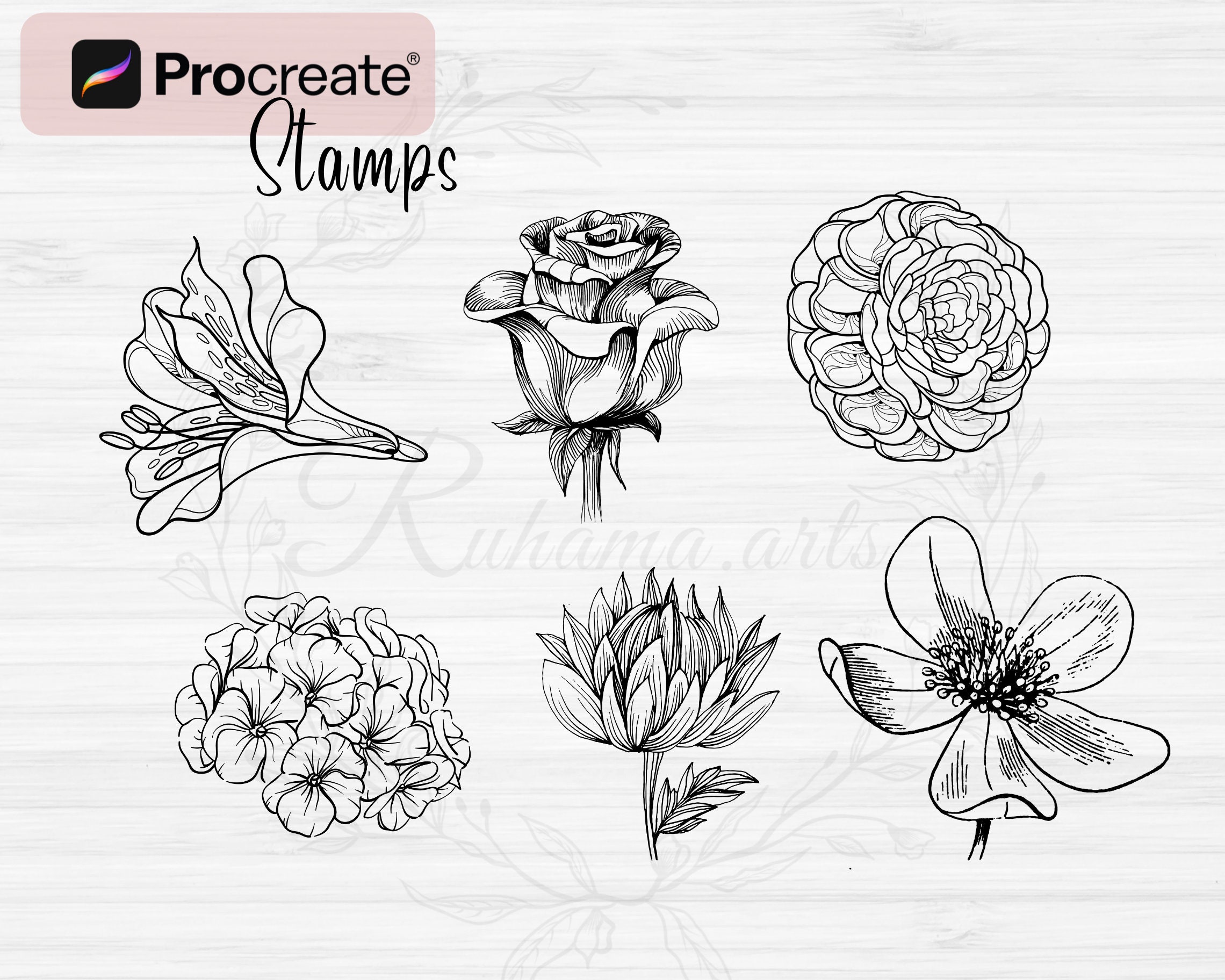 Procreate Flower Stamps | 100 Flower Botanical Procreate Stamps |flower ...