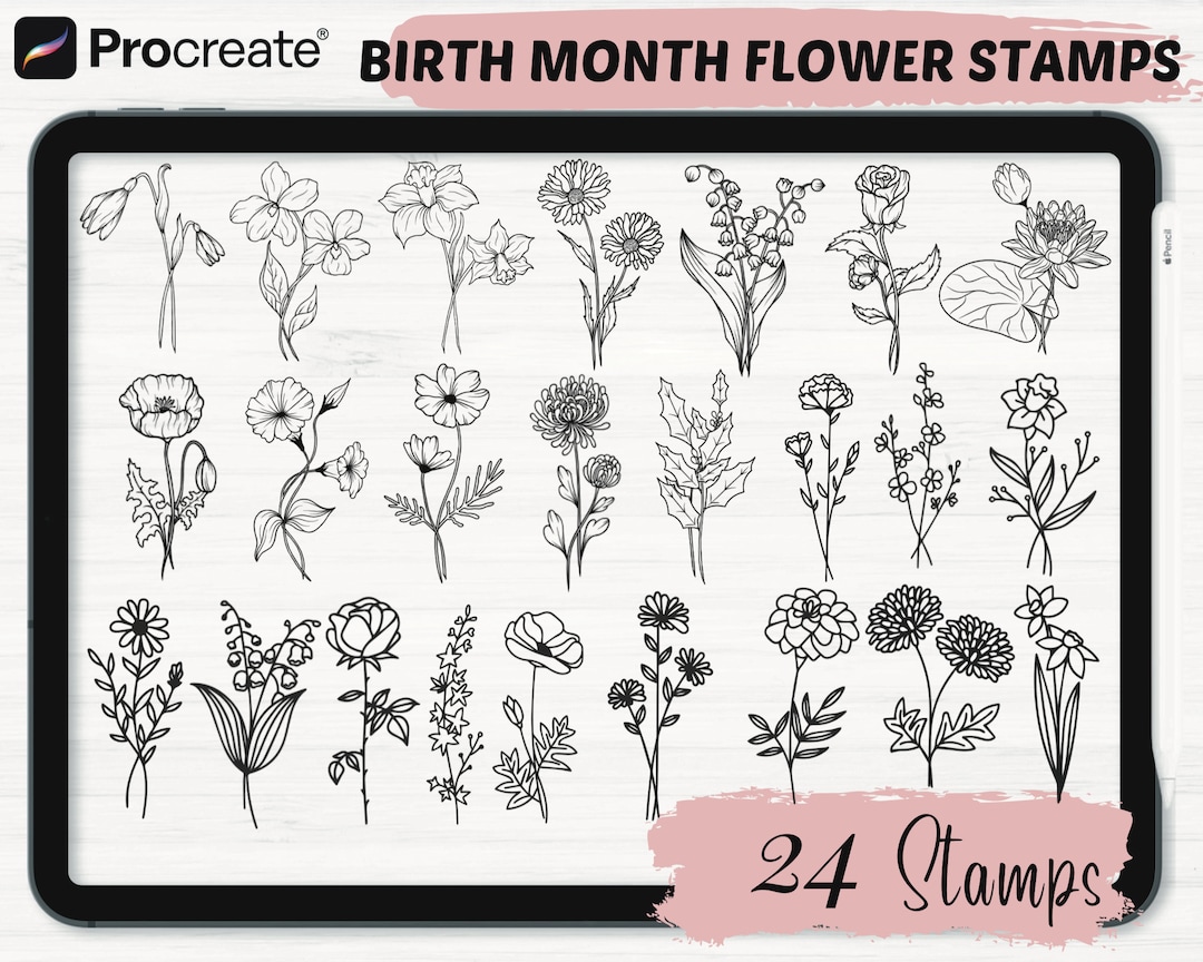 Birth Month Flower Procreate Stamps | 24 Flower Procreate Stamps ...